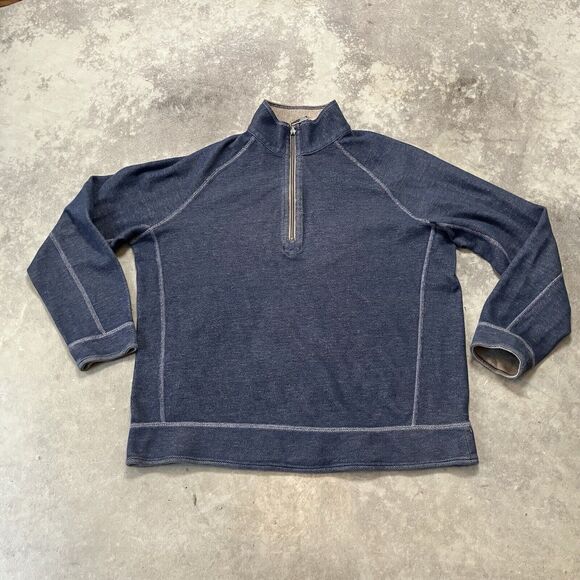 Tommy Bahama Sweater Mens Medium Blue‎ Tan Reversible Pullover Cotton Blend - Picture 1 of 6